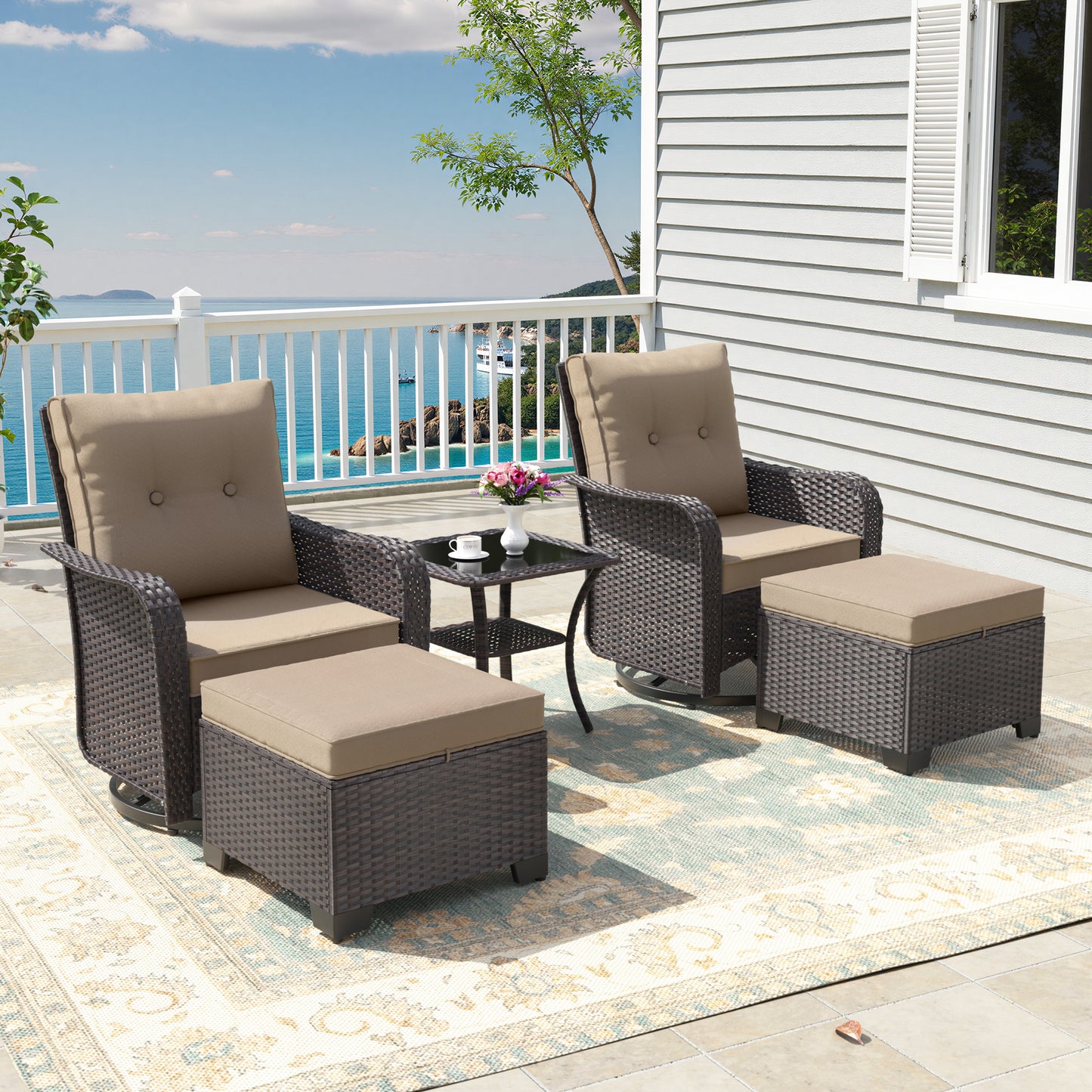 ALAULM 5 Pieces Patio Furniture Set with 4" Thick Cushions, 2 High Back Outdoor Swivel Rocker Chairs with 2 Ottoman & Side Table, 5-Piece All Weather Chairs Set for Porch Deck Pool Yard