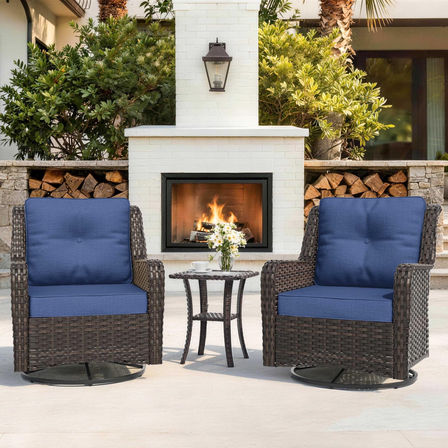 ALAULM 3-Piece Patio Furniture Set, Outdoor Thick Wicker High Back Sectional Sofa Couch with 2 Swivel Chairs, All-Weather Wicker Outdoor Conversation Set for Backyard, Porch, Deck