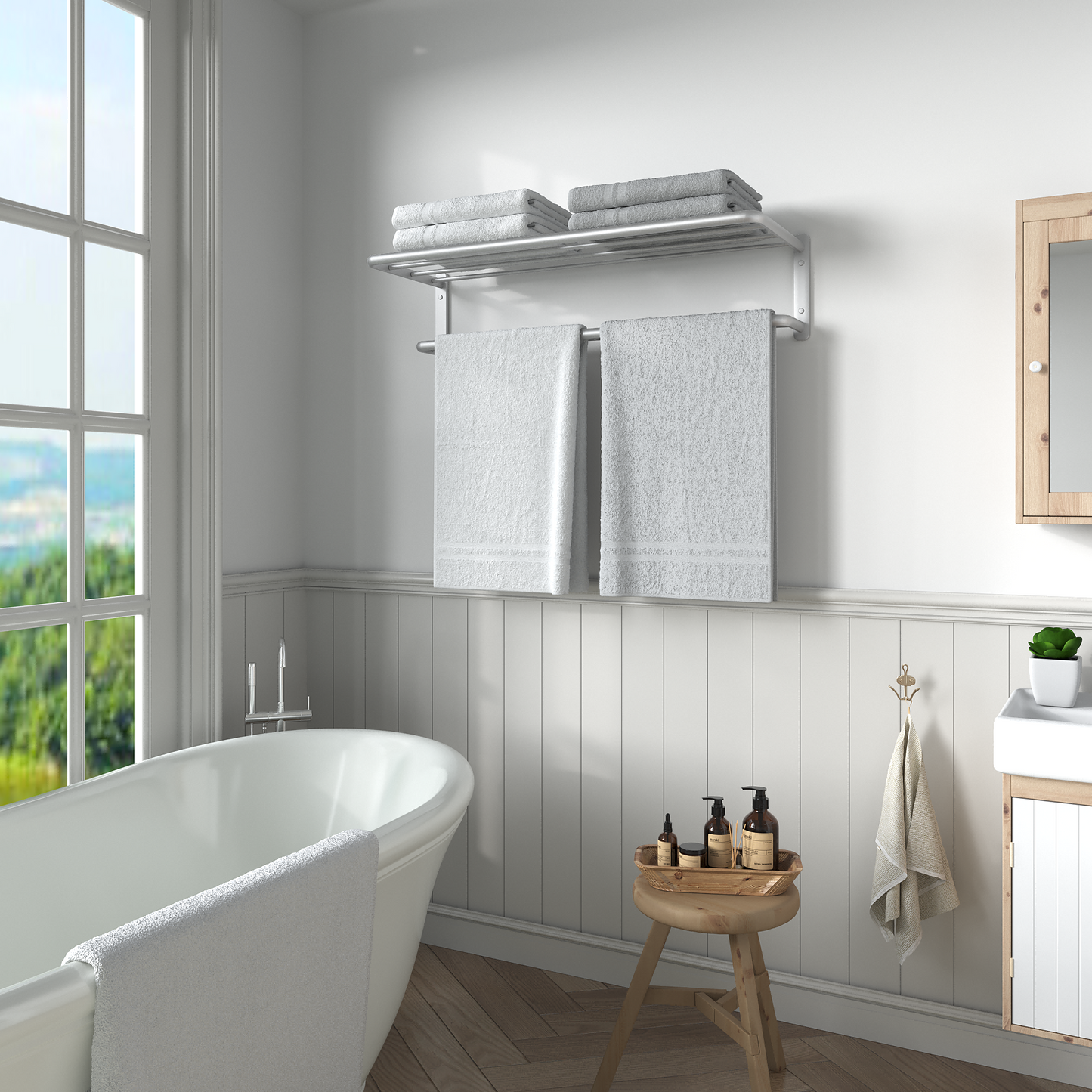 ALAULM Aluminum Alloy Bathroom Towel Shelf with Double Bars, 21" Double Towel Shelf for Bathroom, Wall Mounted Towel Holder, Towel Rod Towel Rail Hanger for Wall, Kitchen