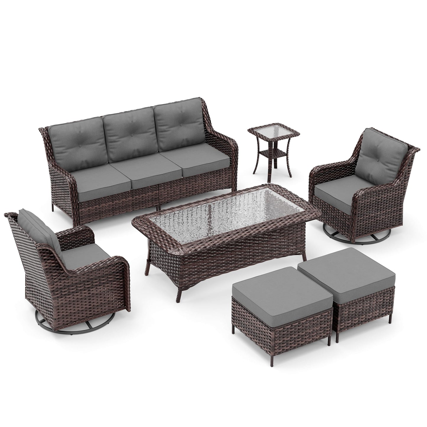 ALAULM 7 Pieces Patio Furniture Set,All-Weather Wicker High Back Outdoor Swivel Rocker Patio Chairs with Coffee Table & Thick Cushions,Paito Conversation Set for Porch,Deck