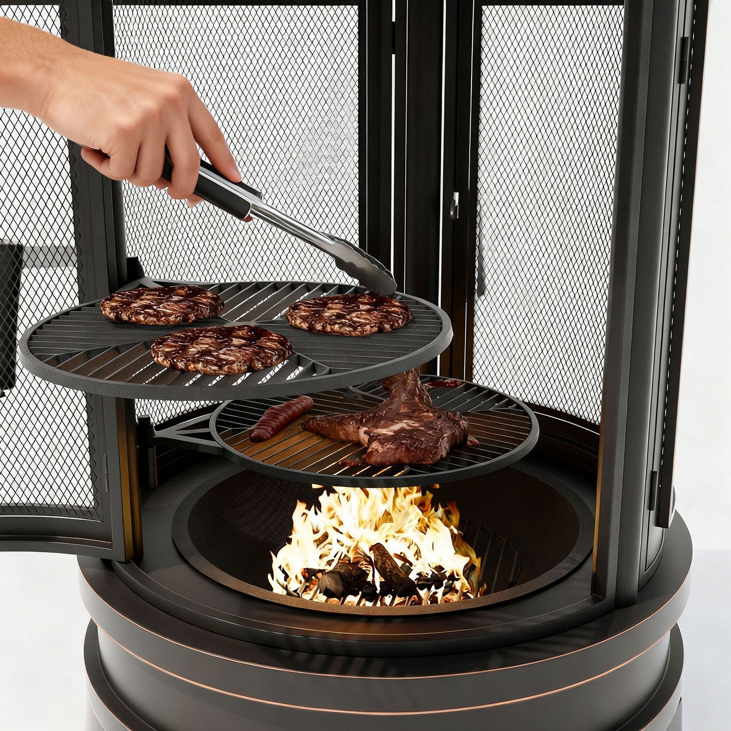 ALAULM Metal Chiminea Fire Pit with Grill, 2 in 1 Firepit with Adjustable Grill Tray & Mesh Spark Screen Door, 3-Door Multi-Access Fireplace for Patio, Garden & Backyard