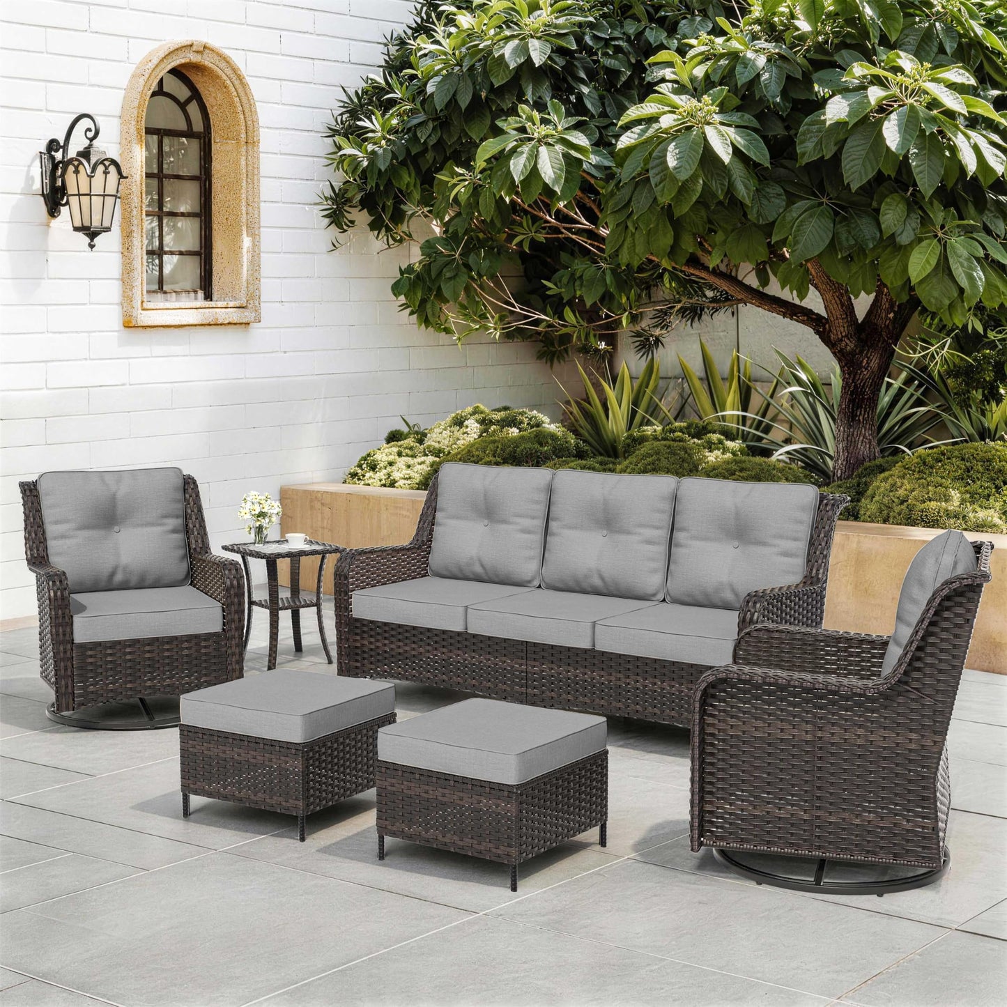 ALAULM 7-Piece Patio Furniture Set, Outdoor Thick Wicker High Back Conversation Set with 3-Seater Sofa, Swivel Chairs, Ottomans and Square Coffee Table for Yard Patio