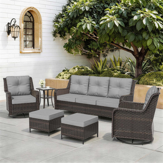 ALAULM 7-Piece Patio Furniture Set, Outdoor Thick Wicker High Back Conversation Set with 3-Seater Sofa, Swivel Chairs, Ottomans and Square Coffee Table for Yard Patio