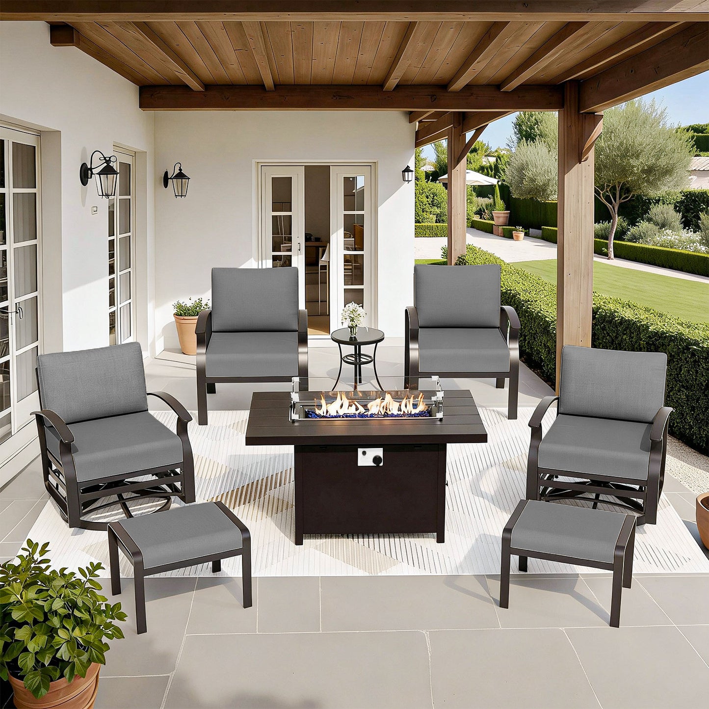 ALAULM 6-Seat Aluminum Patio Furniture Set, Outdoor Patio Conversation Set with Propane Fire Pit Table and 5.1" Cushions for Patio Backyard Poolside, Sand