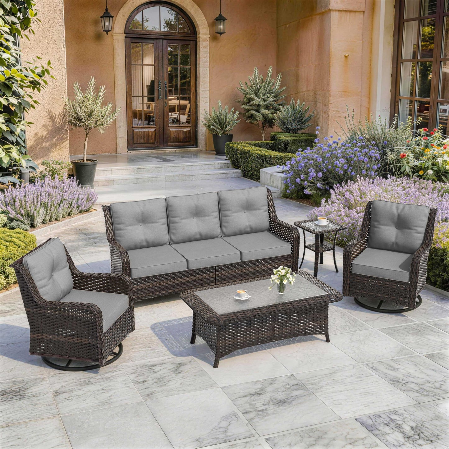 ALAULM 5-Piece Patio Furniture Set, Outdoor Thick Wicker High Back Sectional Set with 3-Seater Sofa, Swivel Chairs and Square Coffee Table for Yard Patio