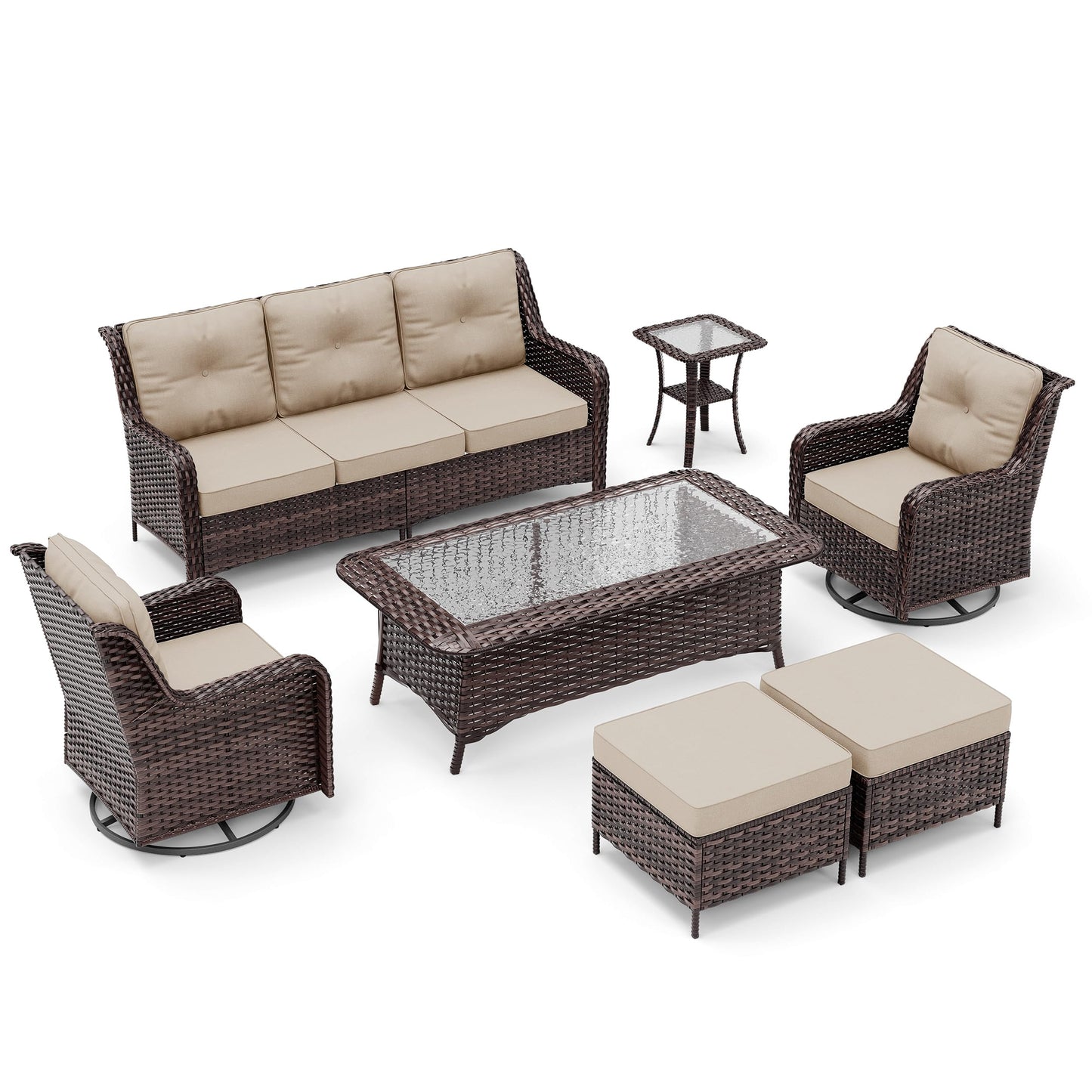 ALAULM 7 Pieces Patio Furniture Set,All-Weather Wicker High Back Outdoor Swivel Rocker Patio Chairs with Coffee Table & Thick Cushions,Paito Conversation Set for Porch,Deck