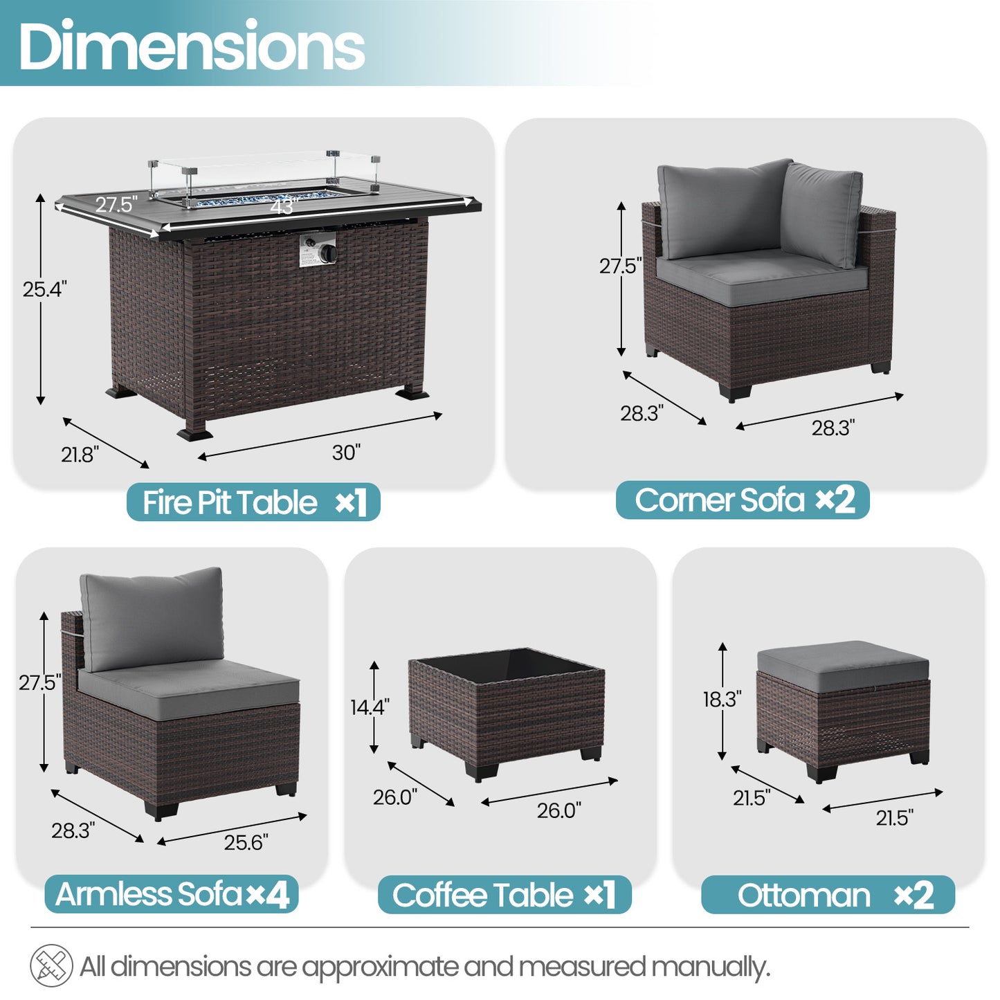 ALAULM 9PCS Outdoor Conversation Set, Thick Backrest Patio PE Rattan Wicker Sectional Sofas with Ottoman for Backyard, Porch, Sand