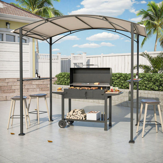 ALAULM 8'x 5' Outdoor Grill Gazebo, Outdoor Soft Top BBQ Canopy with 2 Metal Side Shelves & 5 Tool Hooks for Barbecue Picnic Garden, Backyard, Poolside (Sand)