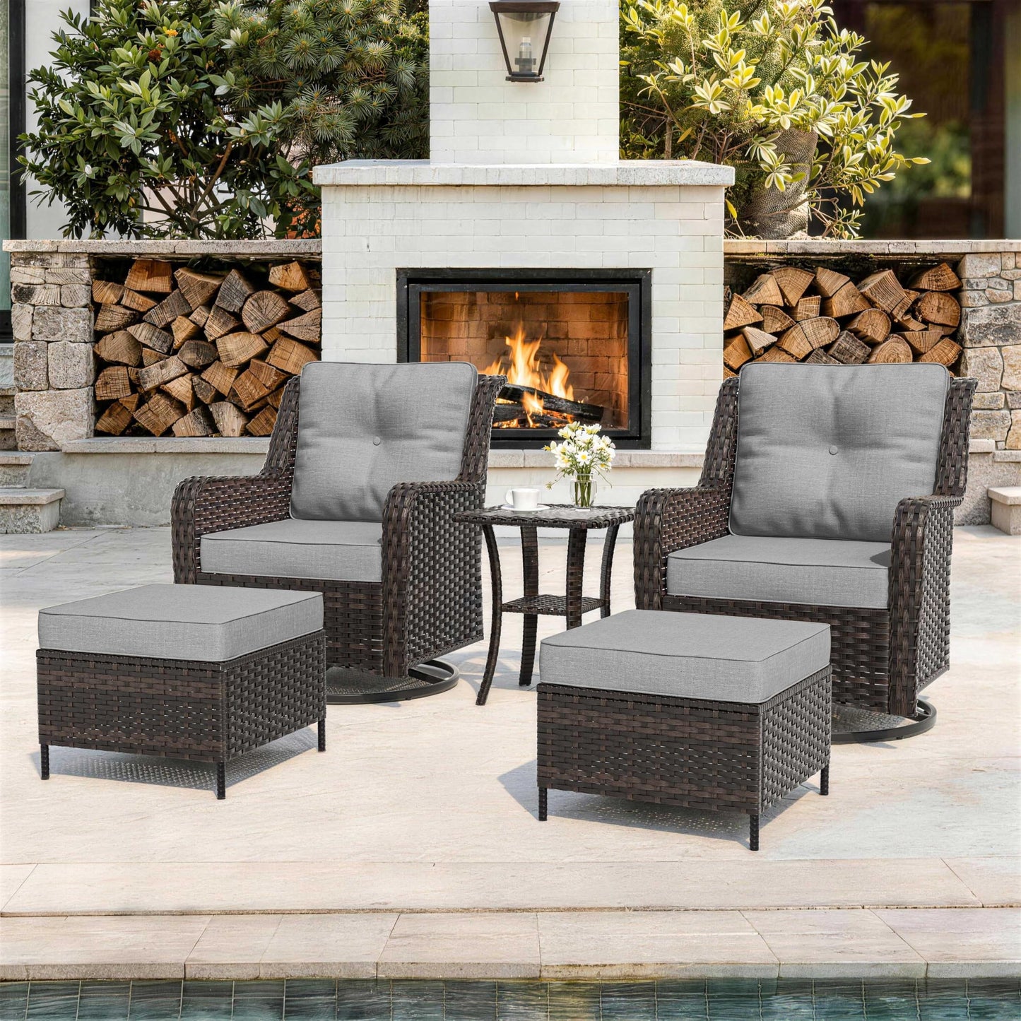 ALAULM 5-Piece Patio Furniture Set, Outdoor Thick Wicker Conversation Set with Swivel Chairs and Ottomans, High Back Wicker Sectional Sofa Couch for Backyard Porch Deck