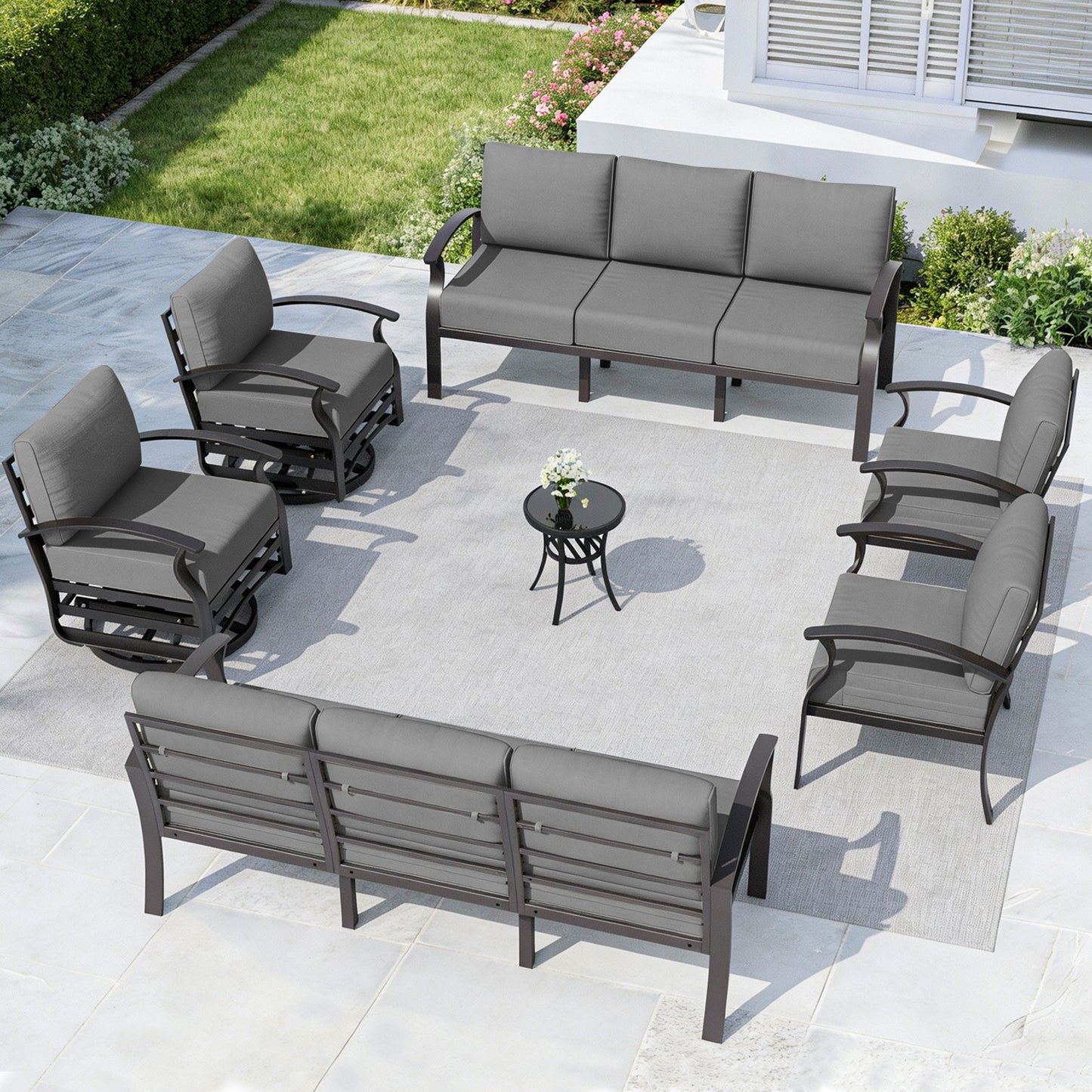 ALAULM 10-Seat Aluminum Patio Furniture Set, Outdoor Patio Conversation Set with 2 Swivel Glider Chairs and 5.1" Cushions for Patio Backyard Poolside