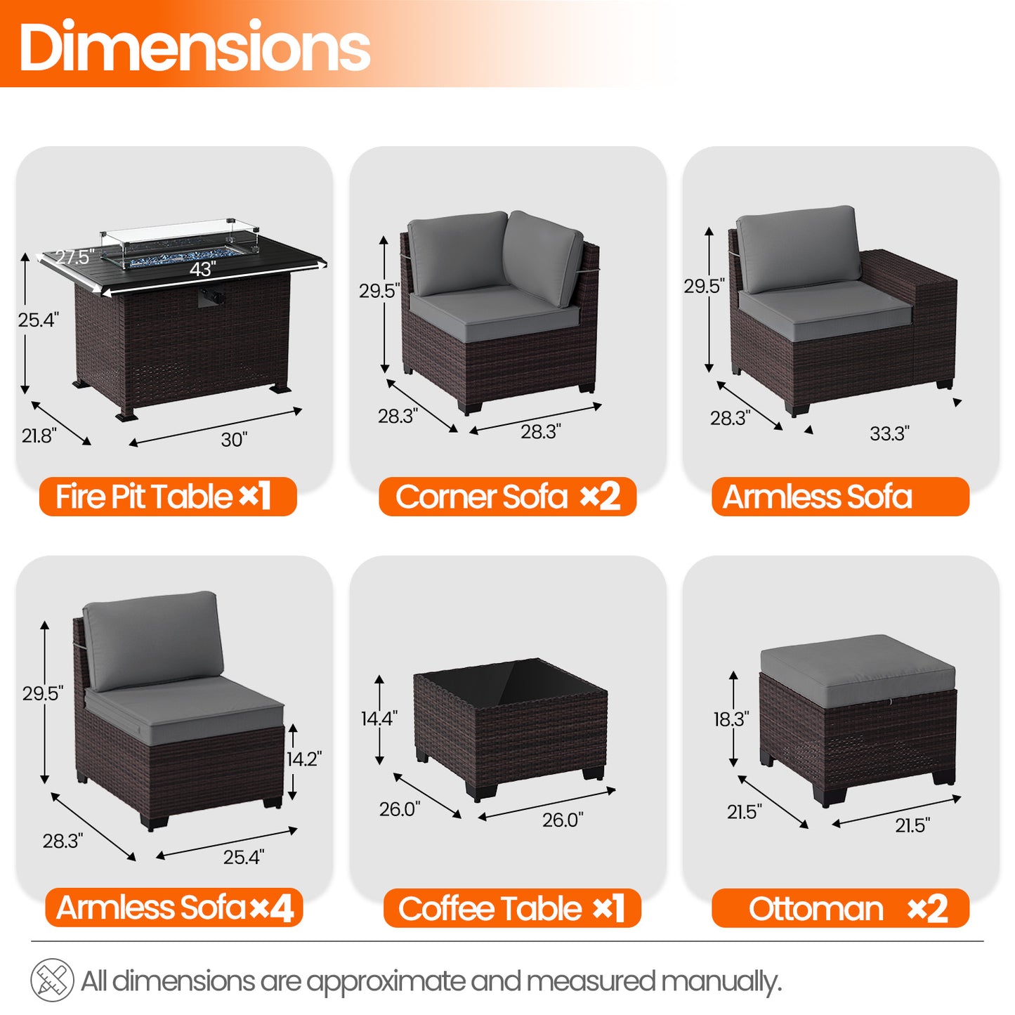 ALAULM 8PCS Outdoor Conversation Set, Wide Armrest Patio PE Rattan Wicker Sectional Sofas with Ottoman for Backyard, Porch, Sand