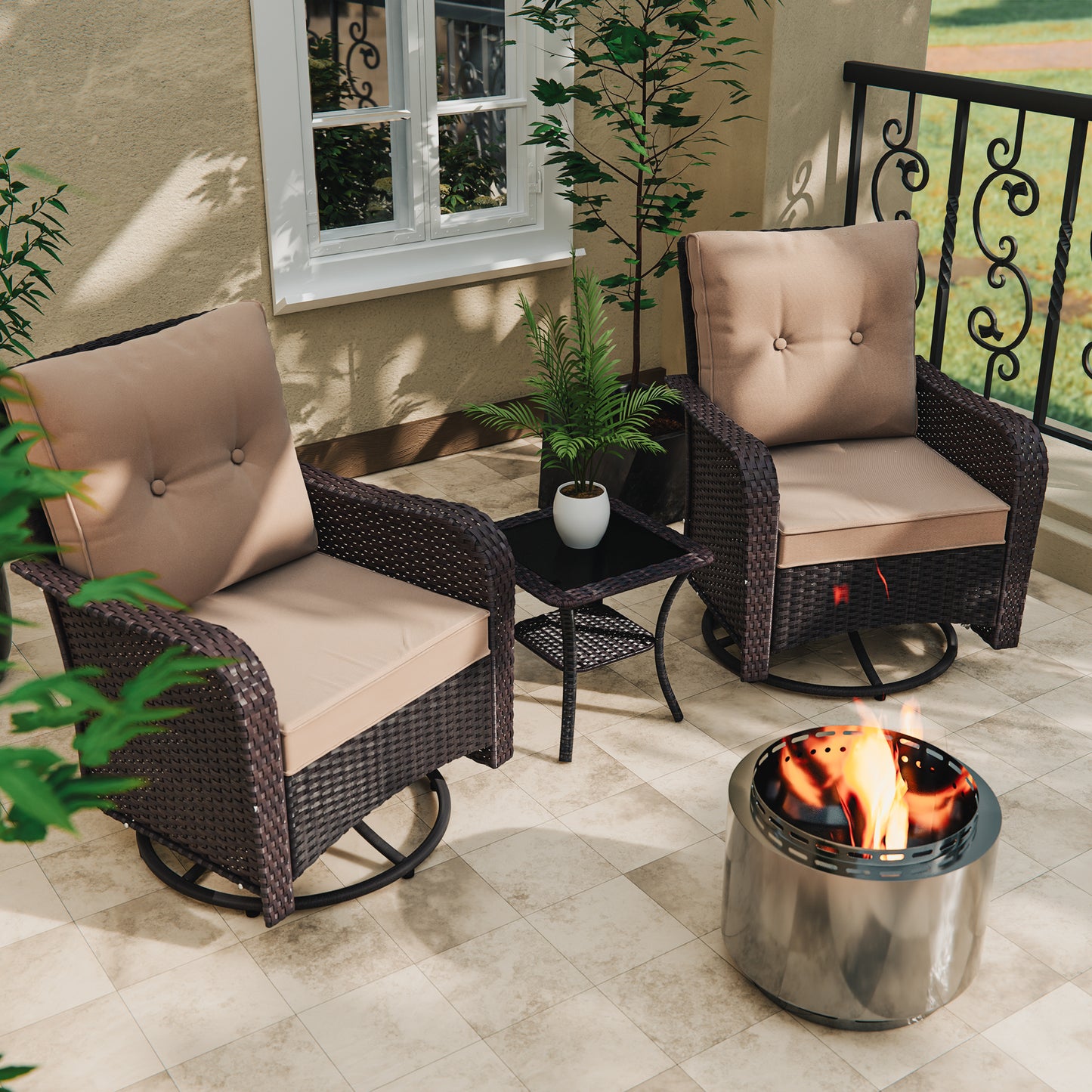 ALAULM 3PCS Outdoor Conversation Sets with 19" Smokeless Stove, Outdoor Swivel Glider Chair with Glass Top Side Table, Fire Pit Comes with Waterproof Cover and Fire Poker, for Porch Backyard