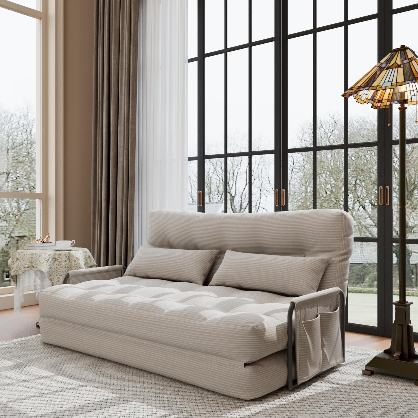 ALAULM Modern Two-Seater Folding Sofa Bed Convertible Sleeper Couch with Pillows, Storage Side, Versatile Floor Couch for Living Room Bedroom, White | Foldable, Comfortable, Multiple Usage
