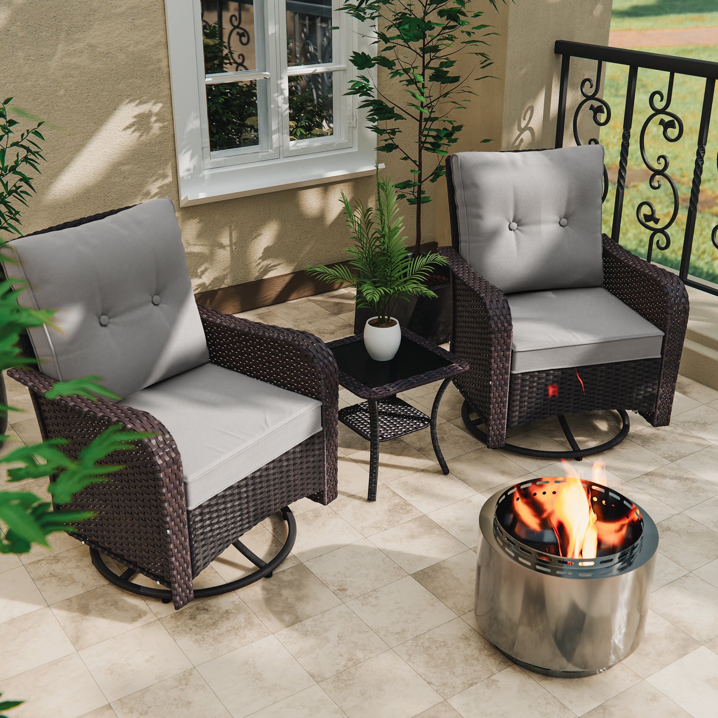 ALAULM 3PCS Outdoor Conversation Sets with 19" Smokeless Stove, Outdoor Swivel Glider Chair with Glass Top Side Table, Fire Pit Comes with Waterproof Cover and Fire Poker, for Porch Backyard