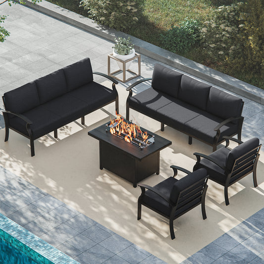 ALAULM Aluminum Patio Furniture Set with Propane Fire Pit Table 8-seat Metal Outdoor Furniture w/Fire Pit