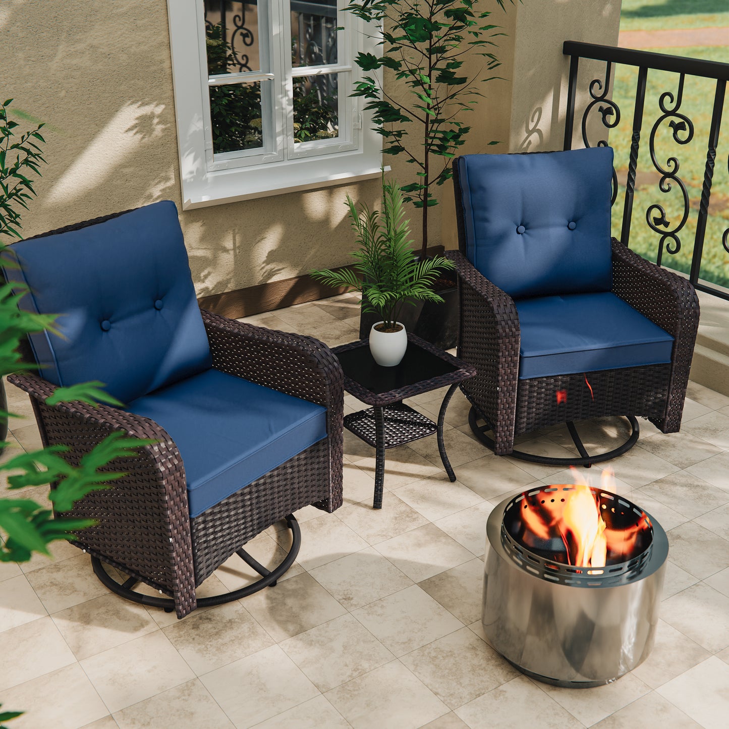 ALAULM 3PCS Outdoor Conversation Sets with 19" Smokeless Stove, Outdoor Swivel Glider Chair with Glass Top Side Table, Fire Pit Comes with Waterproof Cover and Fire Poker, for Porch Backyard