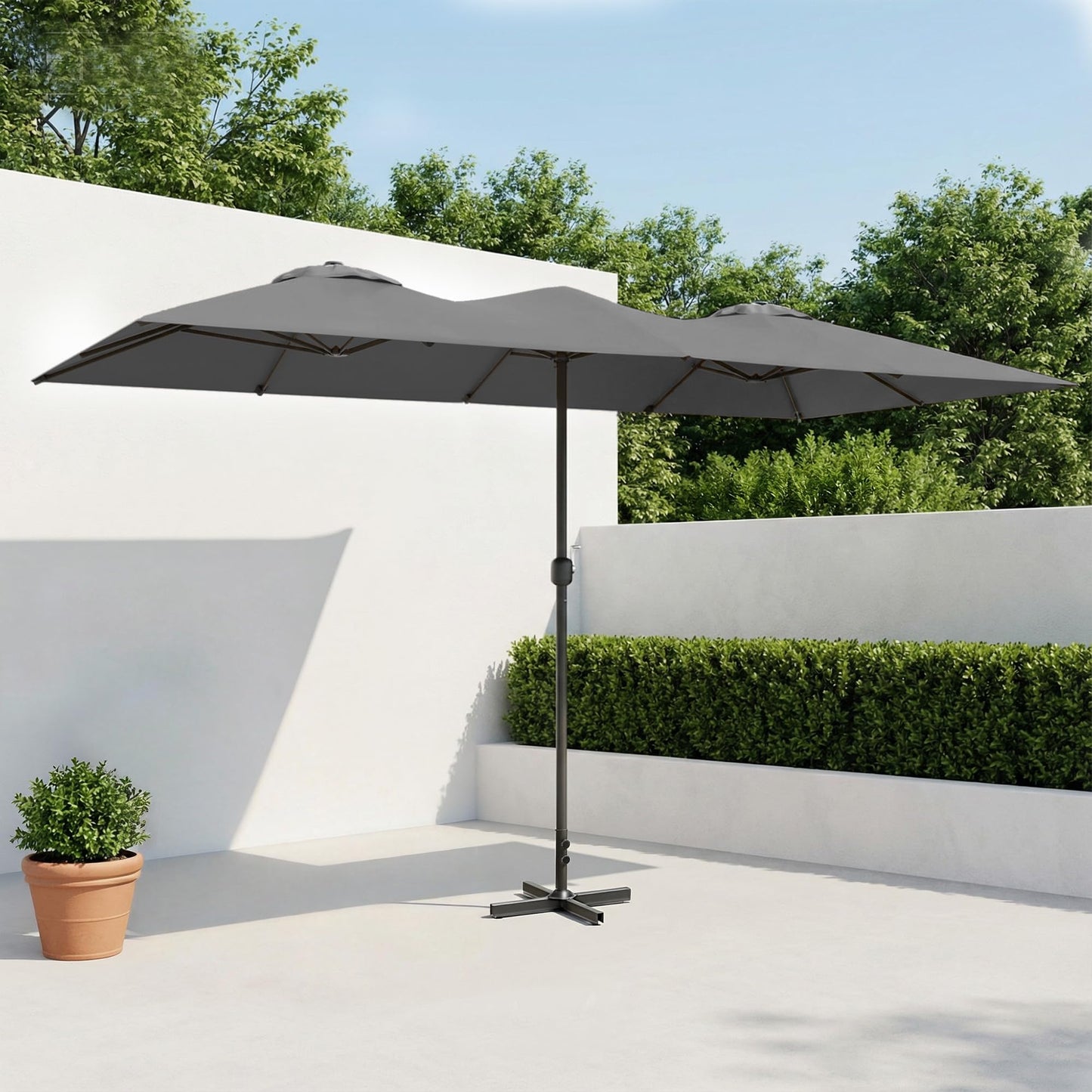 ALAULM 14FT Patio Umbrellas with Cross Base, Outdoor Double-Sided Umbrella Large Rectangle Table Market Umbrella with Crank Handle & Ribs, for Pool Lawn Garden Beige