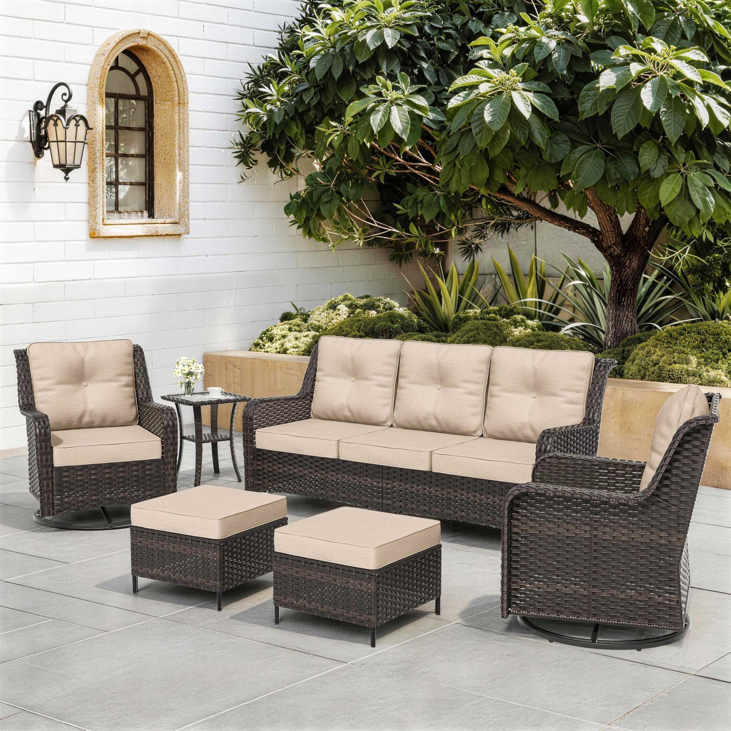 ALAULM 7-Piece Patio Furniture Set, Outdoor Thick Wicker High Back Conversation Set with 3-Seater Sofa, Swivel Chairs, Ottomans and Square Coffee Table for Yard Patio