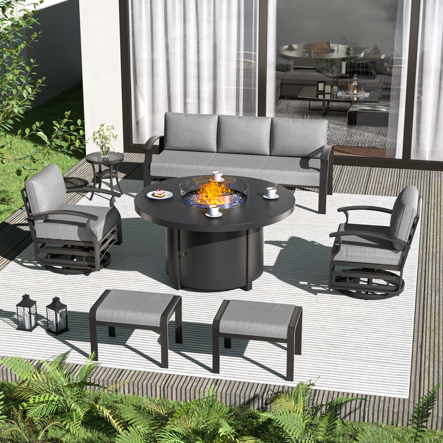 ALAULM Aluminium Patio Furniture Set with Swivel Chairs, 7-Seater Metal Outdoor Furniture Patio Sectional Sofas Patio Conversation Set with 2 Ottomans For Patio, Backyard, Poolside