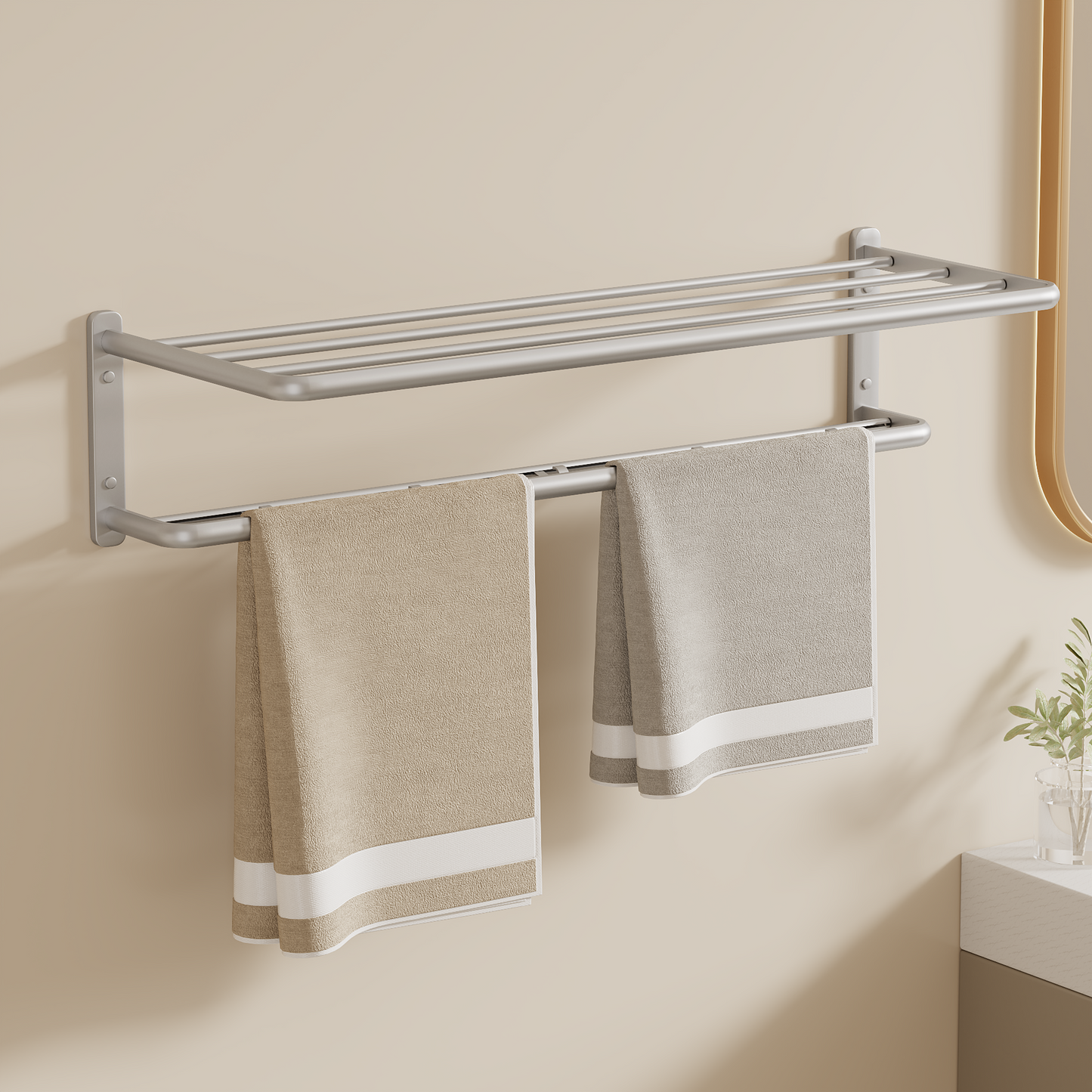ALAULM Aluminum Alloy Bathroom Towel Shelf with Double Bars, 21" Double Towel Shelf for Bathroom, Wall Mounted Towel Holder, Towel Rod Towel Rail Hanger for Wall, Kitchen