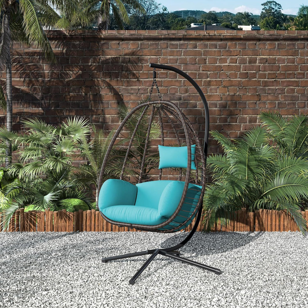 Outdoor Wicker Hanging Basket Chair Hammock in Turquoise Cushion with Stand