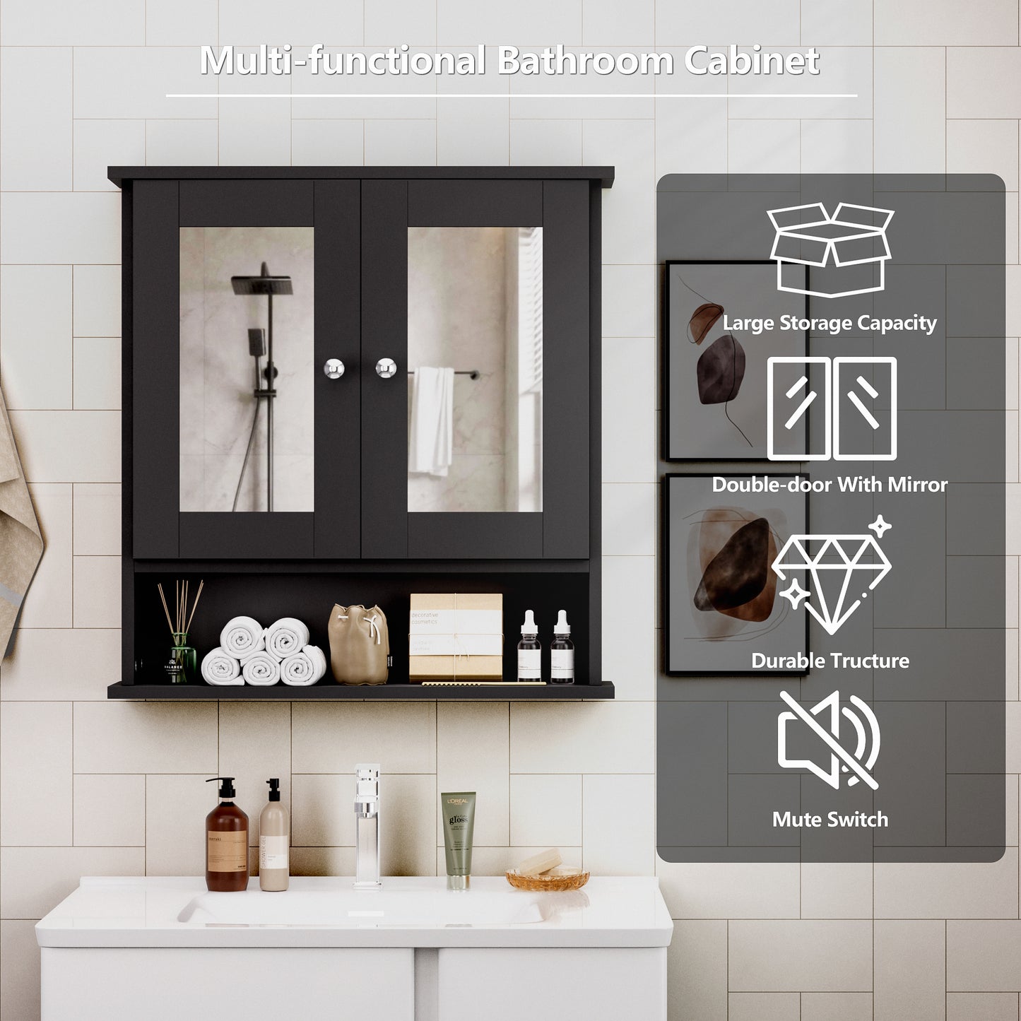 ASJMR Bathroom Wall Cabinet with Mirror, Bathroom Medicine Cabinet with 2 Doors , Wall-mounted Storage Cabinet with Adjustable Shelves (Suitable for Bathrooms, Laundry Rooms and Kitchens), Black