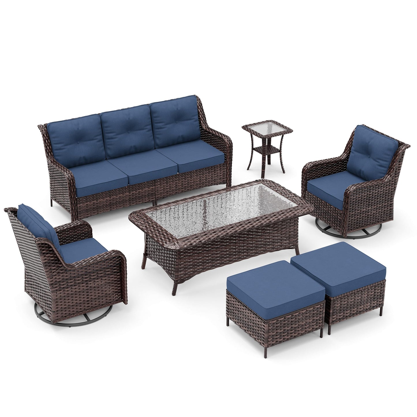 ALAULM 7 Pieces Patio Furniture Set,All-Weather Wicker High Back Outdoor Swivel Rocker Patio Chairs with Coffee Table & Thick Cushions,Paito Conversation Set for Porch,Deck
