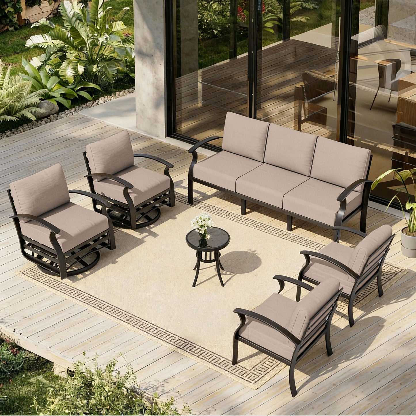 ALAULM 7-Seat Aluminum Patio Furniture Set, Outdoor Patio Conversation Set with 2 Swivel Glider Chairs and 5.1" Cushions for Patio Backyard Poolside