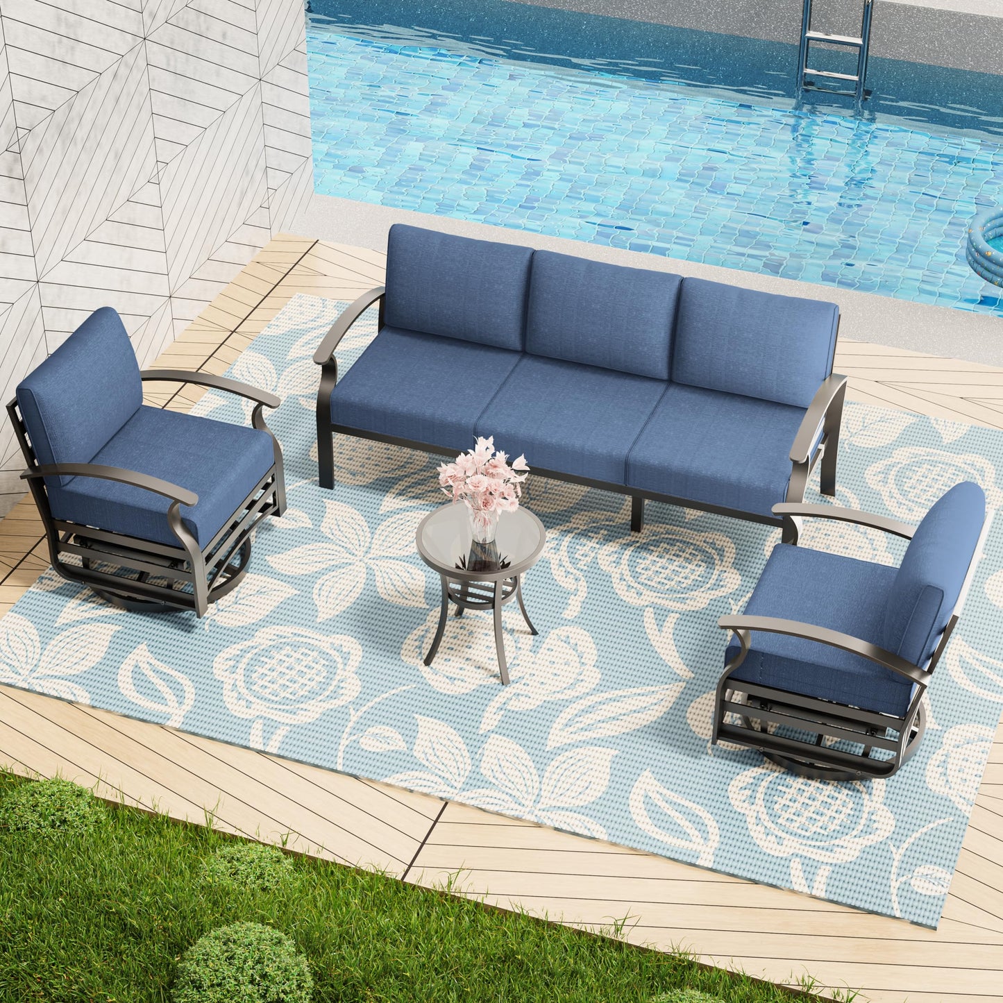 ALAULM Aluminum 5 Pieces Outdoor Patio Conversation Set, 1 Three-Seater Sofa & 2 Swivel Rocking Chairs with 5.1" High-Resilience Cushions for Patio Backyard Poolside