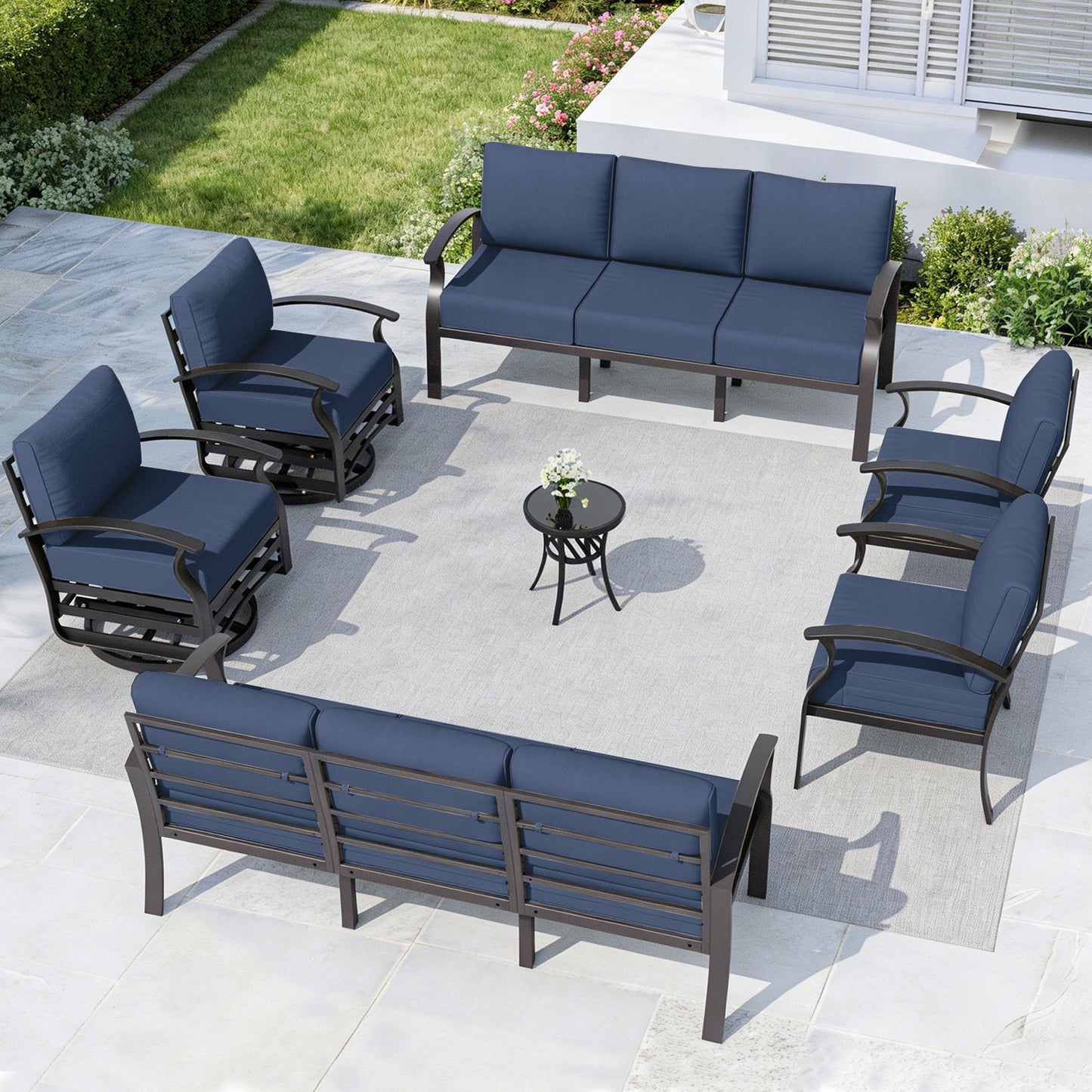 ALAULM 10-Seat Aluminum Patio Furniture Set, Outdoor Patio Conversation Set with 2 Swivel Glider Chairs and 5.1" Cushions for Patio Backyard Poolside
