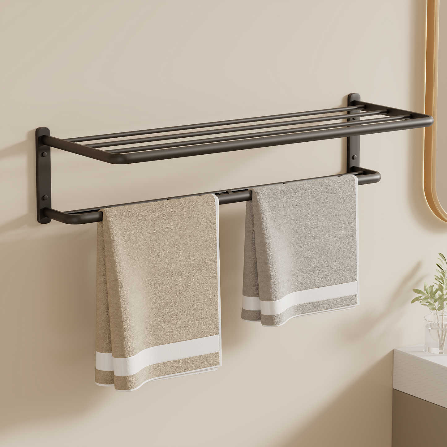 ALAULM Aluminum Alloy Bathroom Towel Shelf with Double Bars, 21" Double Towel Shelf for Bathroom, Wall Mounted Towel Holder, Towel Rod Towel Rail Hanger for Wall, Kitchen