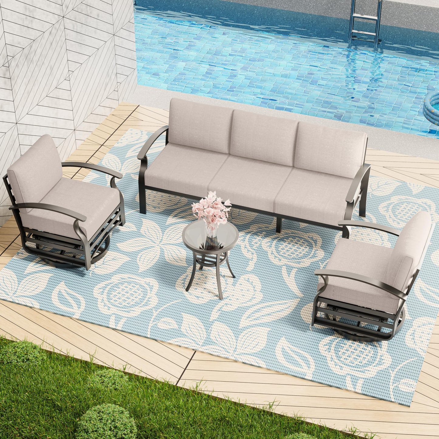 ALAULM Aluminum 5 Pieces Outdoor Patio Conversation Set, 1 Three-Seater Sofa & 2 Swivel Rocking Chairs with 5.1" High-Resilience Cushions for Patio Backyard Poolside