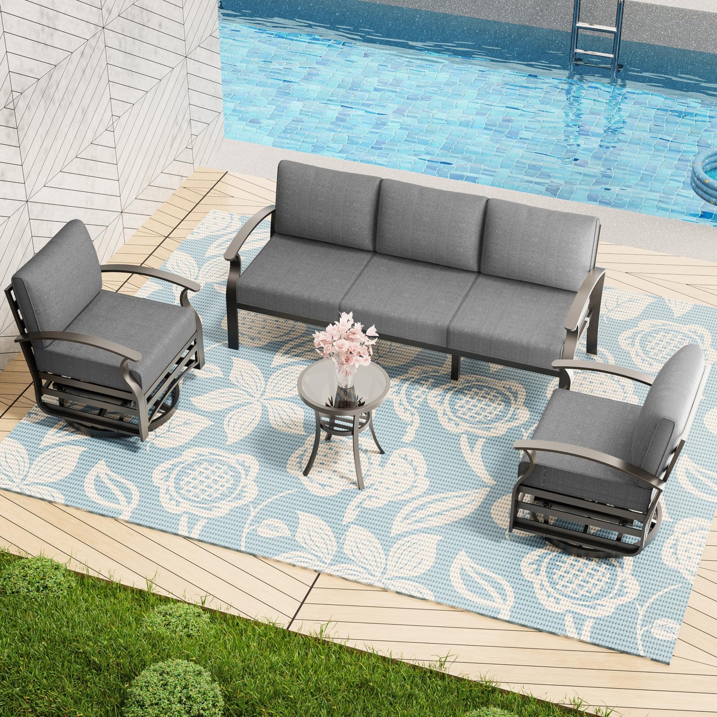 ALAULM Aluminum 5 Pieces Outdoor Patio Conversation Set, 1 Three-Seater Sofa & 2 Swivel Rocking Chairs with 5.1" High-Resilience Cushions for Patio Backyard Poolside