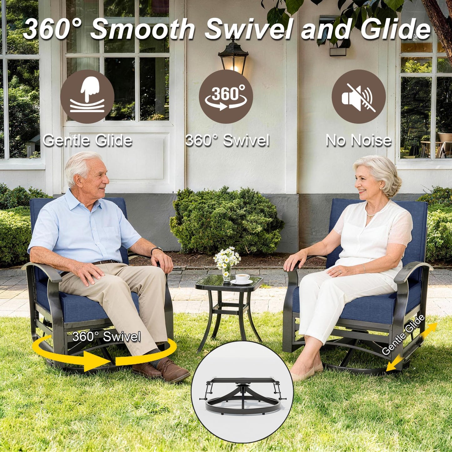ALAULM 3 Pieces Patio Furniture Set, 2 Aluminum Outdoor Swivel Rocking Chairs with 5.1" Padded Removable Cushions & 1 Tempered Glass Coffee Table for Backyard Lawn Porch