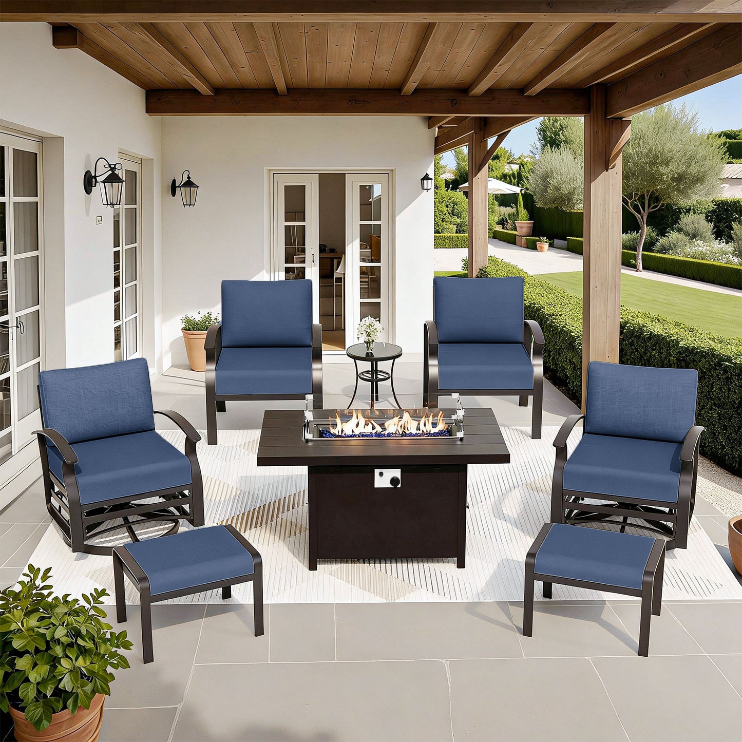 ALAULM 6-Seat Aluminum Patio Furniture Set, Outdoor Patio Conversation Set with Propane Fire Pit Table and 5.1" Cushions for Patio Backyard Poolside, Sand