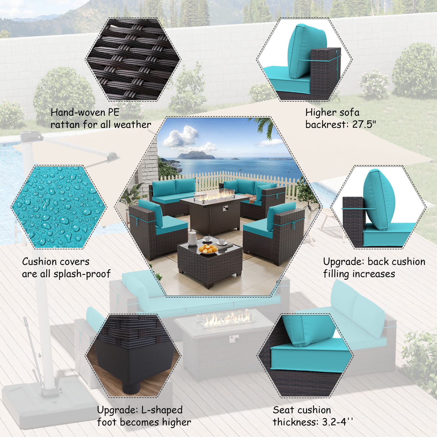 ALAULM 8 Pcs Patio Furniture Set withStainless Steel Gas Fire Pit Table, Brown/Blue