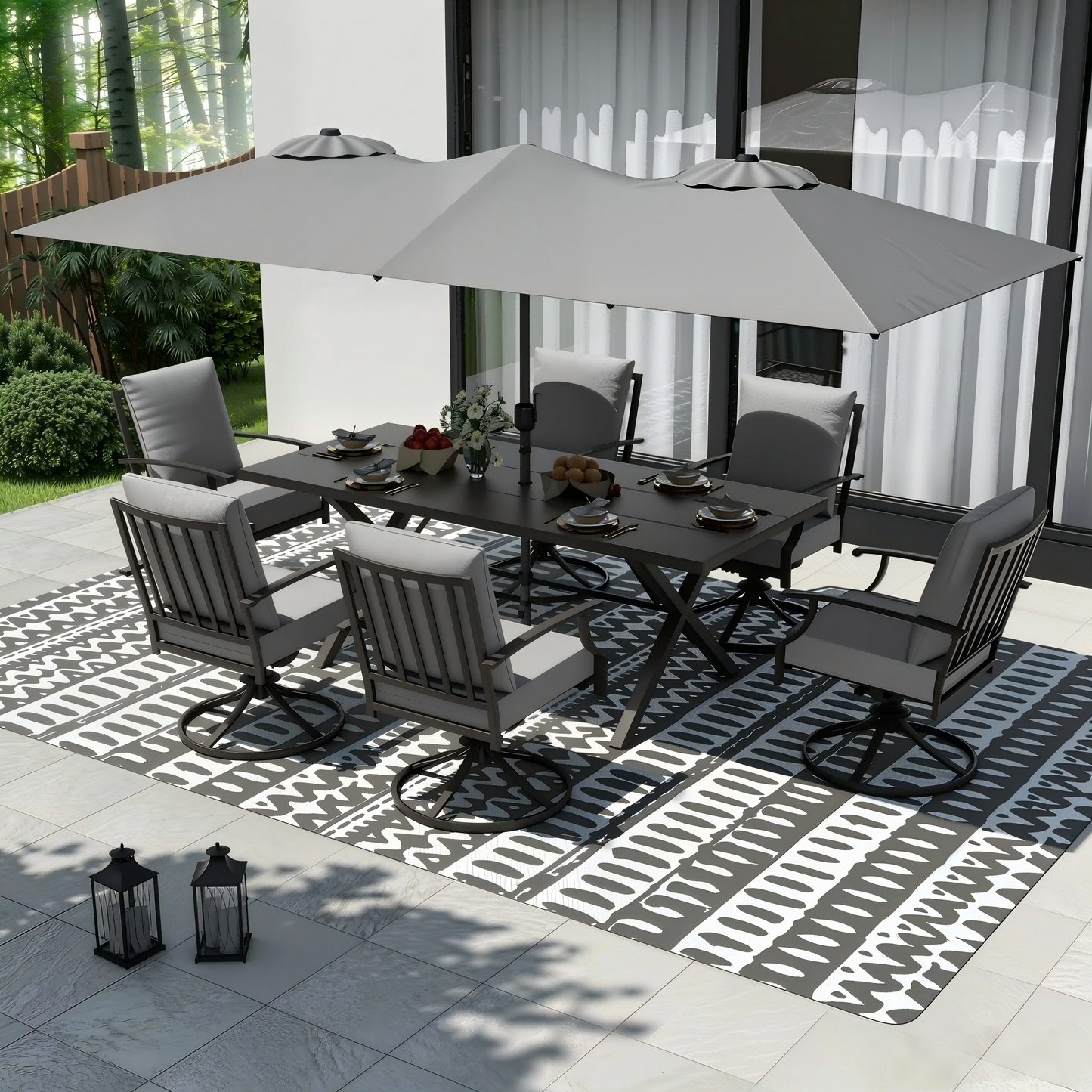 Gotland 8PCS Outdoor Patio Dining Set with 13.6ft Double-Sided Patio Umbrella, Patio Table and Chairs Metal Outdoor Patio Furniture Set, Dining Table Set with 6 Swivel Chairs