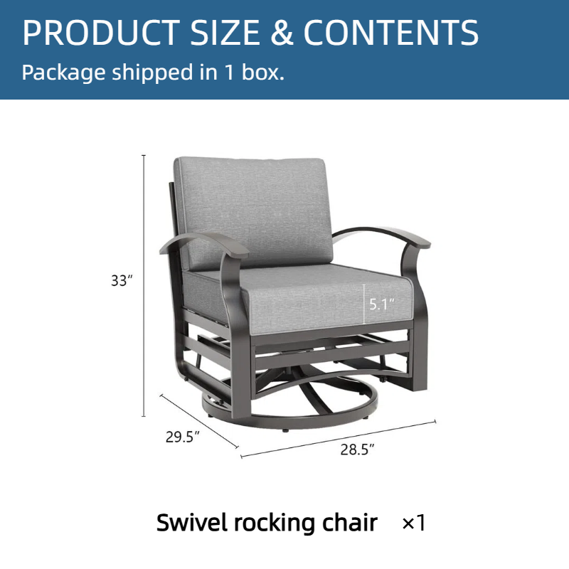 ALAULM Aluminum Outdoor Single Swivel Chair Set with 5.1" High-Resilience Seat Cushions, Removable Cushions for Backyard, Lawn, Porch