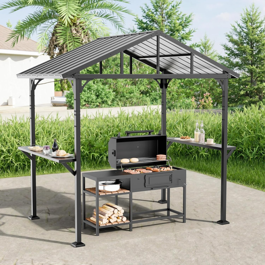 ALAULM 8'x 5' Hardtop Grill Gazebo, Outdoor BBQ Metal Roof Canopy with 2 Metal Side Shelves & 5 Tool Hooks for Patio, Garden, Backyard, Poolside (Black)