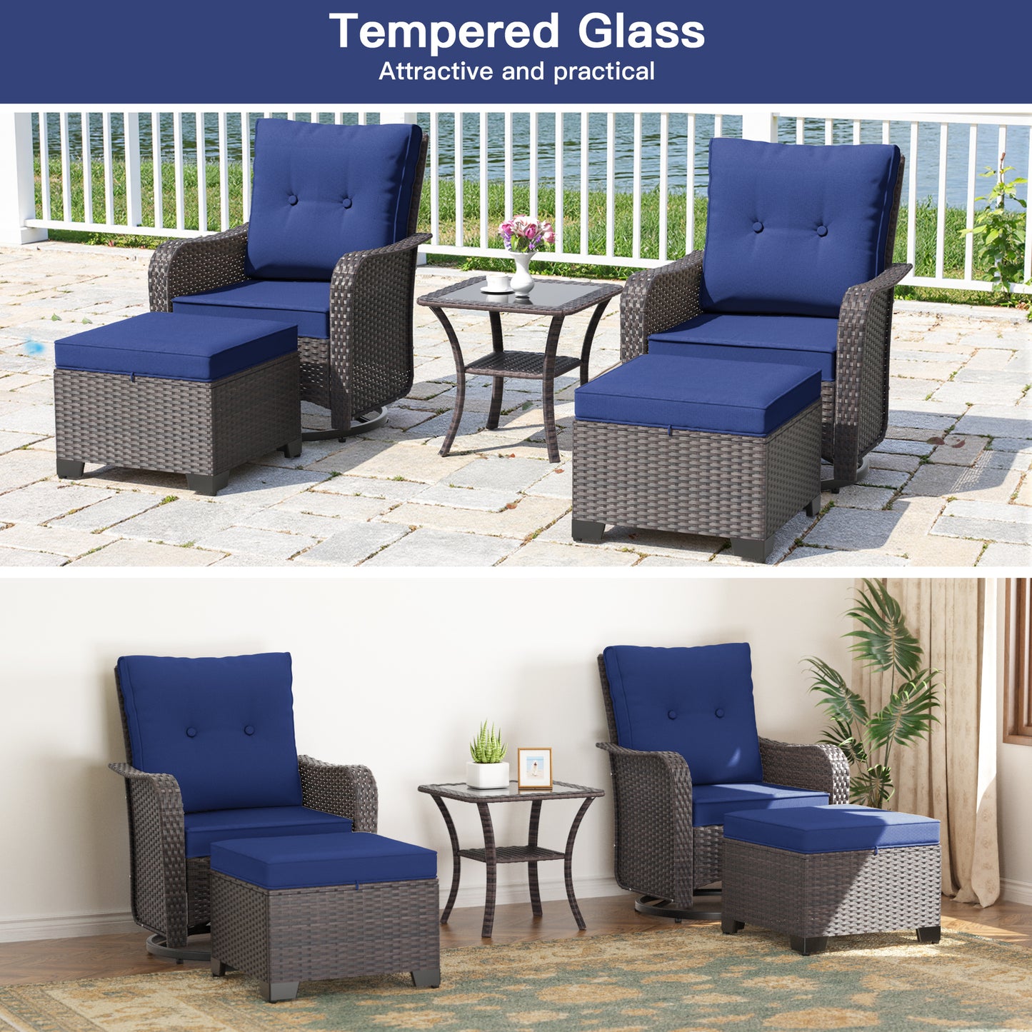 ALAULM 5 Pieces Patio Furniture Set with 4" Thick Cushions, 2 High Back Outdoor Swivel Rocker Chairs with 2 Ottoman & Side Table, 5-Piece All Weather Chairs Set for Porch Deck Pool Yard
