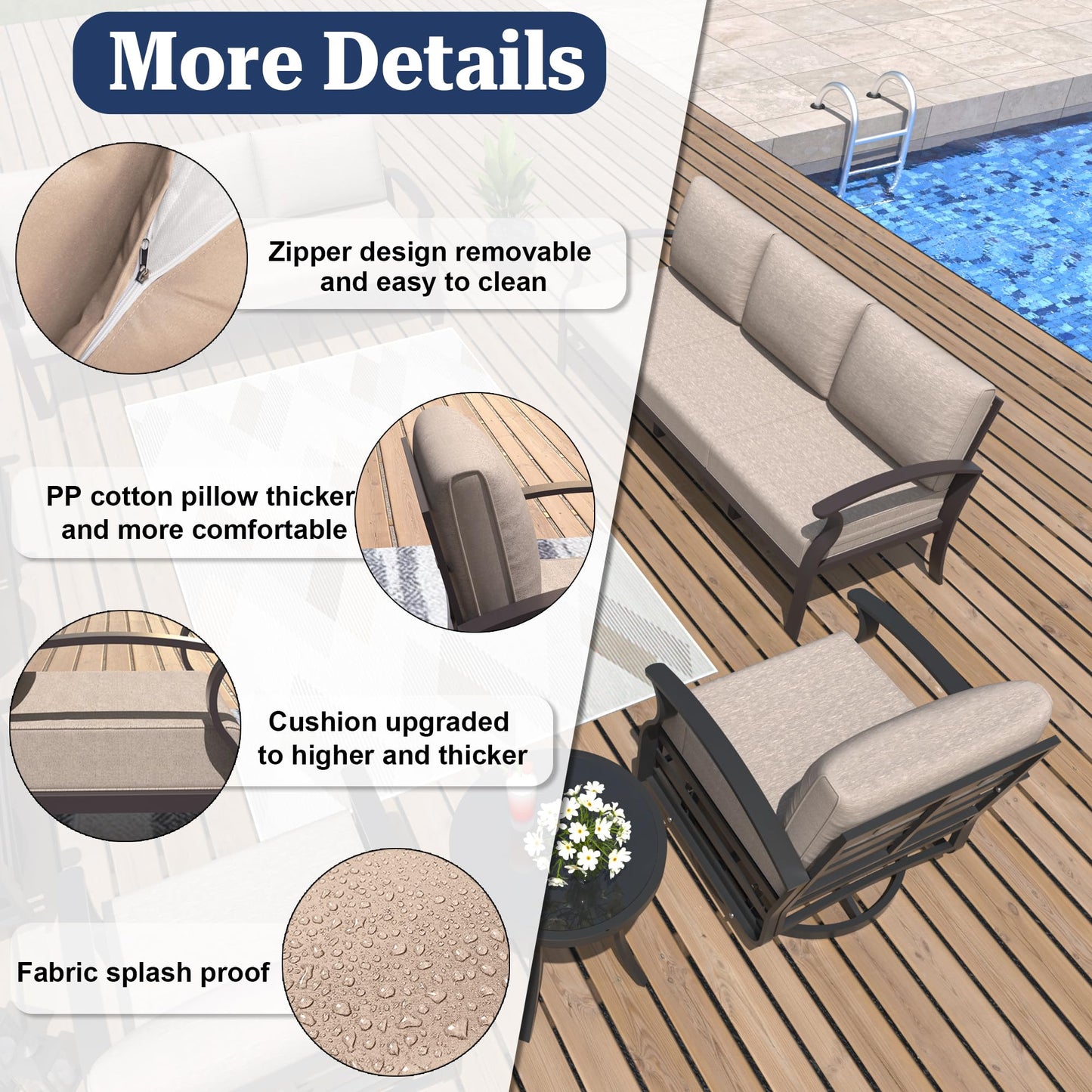 ALAULM Aluminum 3-Seat Patio Furniture Set, Outdoor Patio Conversation Set with 5.1" Cushions for Patio Backyard Poolside