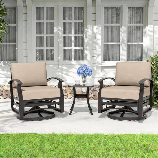 ALAULM 3 Pieces Patio Furniture Set, 2 Aluminum Outdoor Swivel Rocking Chairs with 5.1" Padded Removable Cushions & 1 Tempered Glass Coffee Table for Backyard Lawn Porch