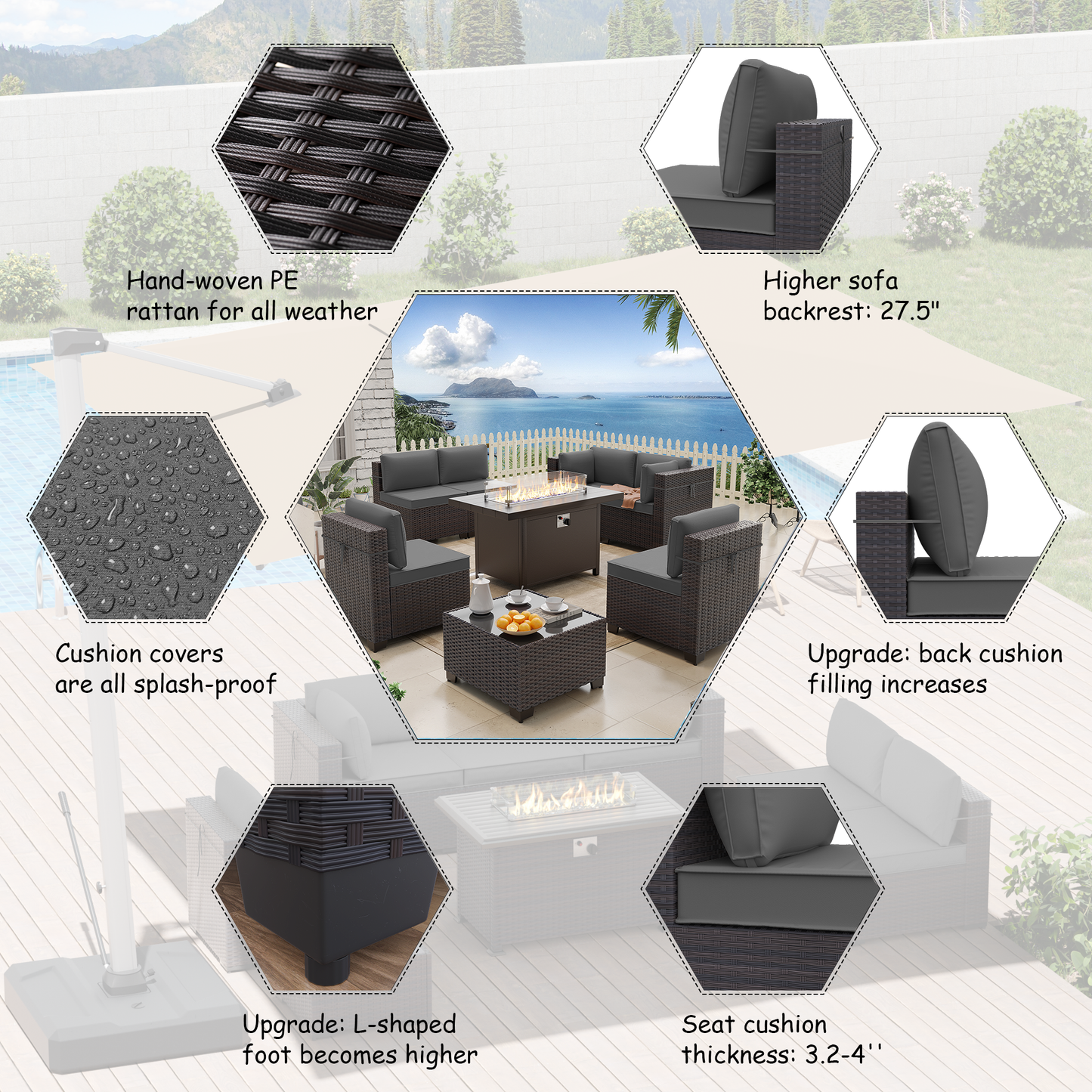 ALAULM 8 Pcs Patio Furniture Set withStainless Steel Gas Fire Pit Table, Brown/Blue