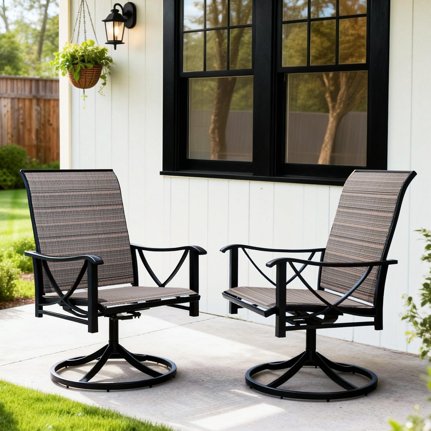 Gotland Patio Swivel Chairs Set of 2, Outdoor Dining Chairs with Breathable Teslin Seat Cushion & Backrest, 360° Outdoor Swivel Chairs with Metal Frame, Patio Dining Chairs for Deck Garden Brown