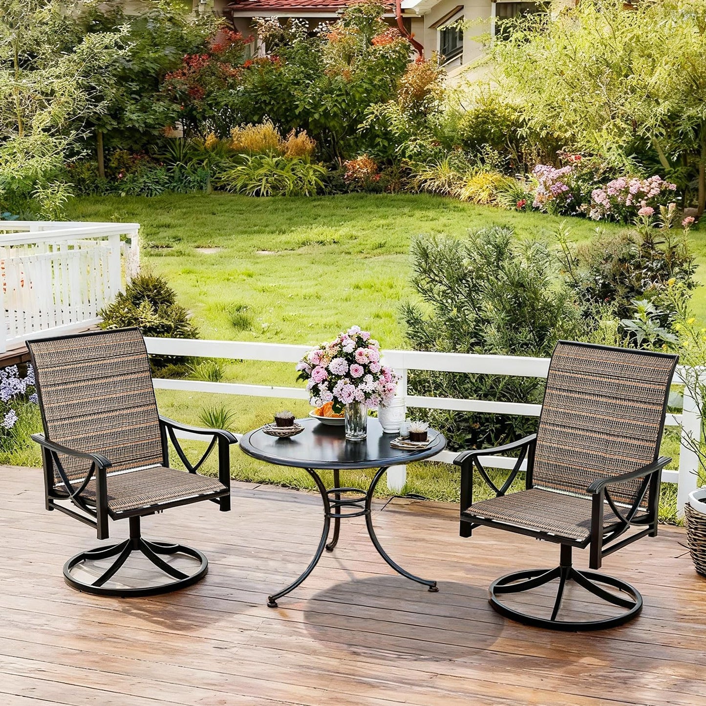 Gotland Patio Swivel Chairs Set of 2, Outdoor Dining Chairs with Breathable Teslin Seat Cushion & Backrest, 360° Outdoor Swivel Chairs with Metal Frame, Patio Dining Chairs for Deck Garden Brown