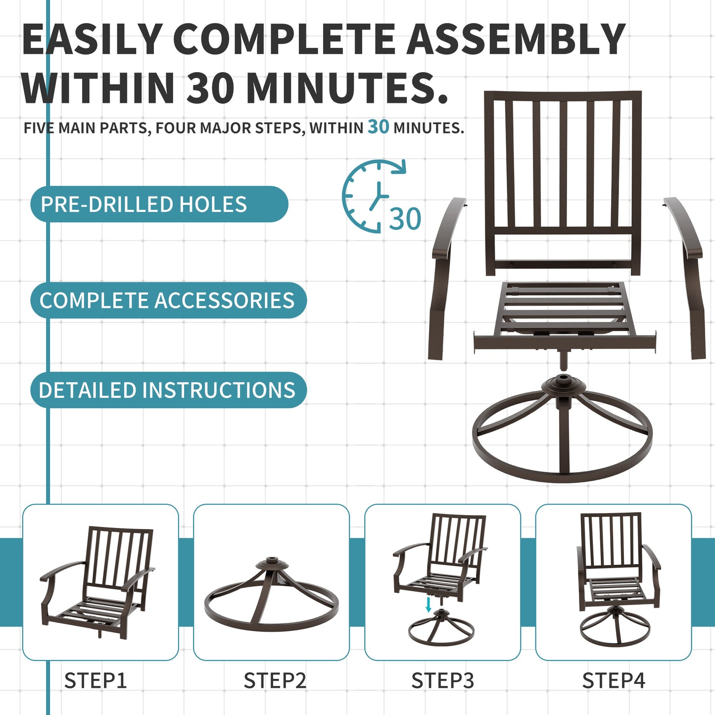 ALAULM Set of 2 Metal Swivel Rocking Patio Chairs, 360° Rotate & 15° Recline, Heavy-Duty Metal Frame Outdoor Dining Chairs with 3.2" cushion & Removable Covers (Sand)