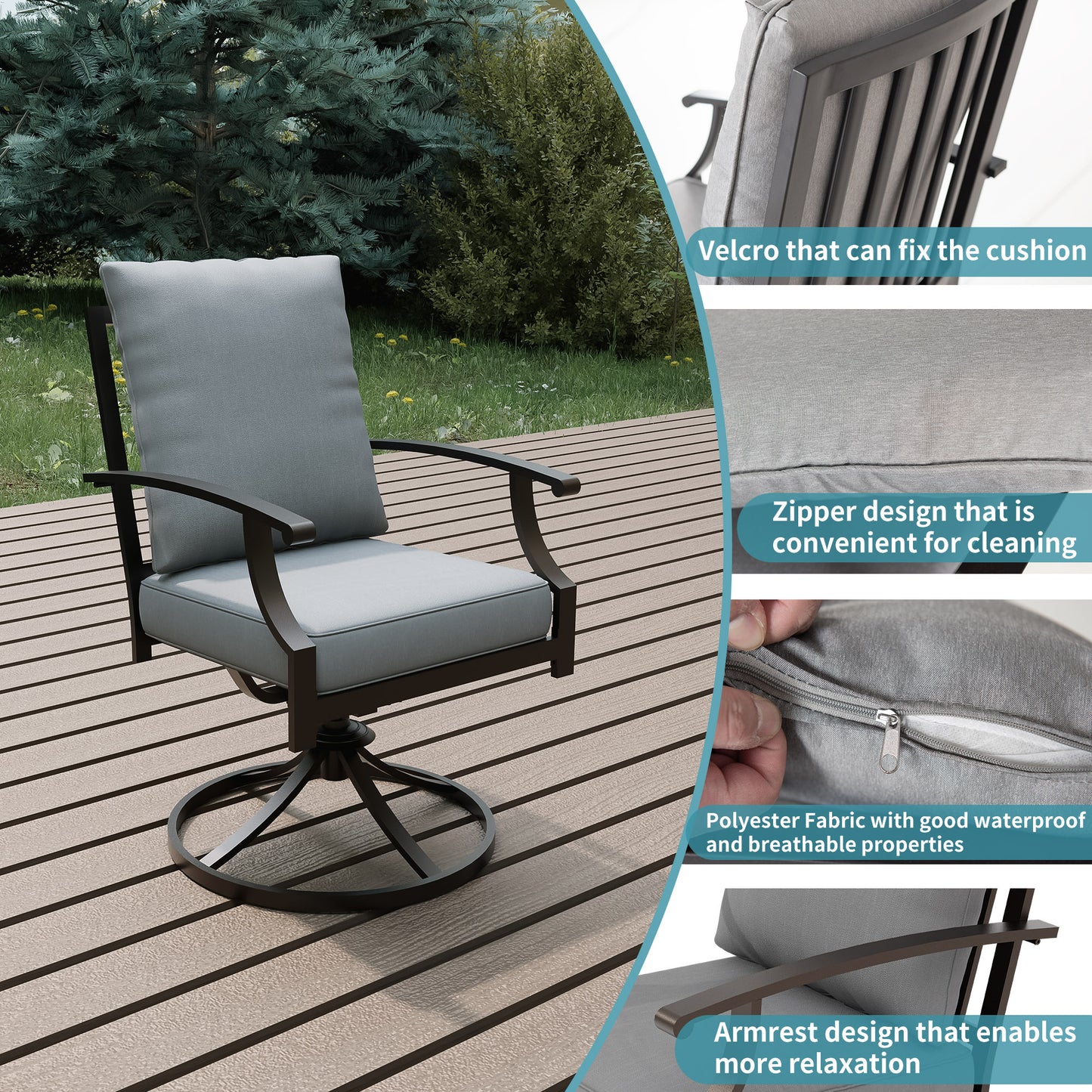 ALAULM Set of 2 Metal Swivel Rocking Patio Chairs, 360° Rotate & 15° Recline, Heavy-Duty Metal Frame Outdoor Dining Chairs with 3.2" cushion & Removable Covers (Sand)