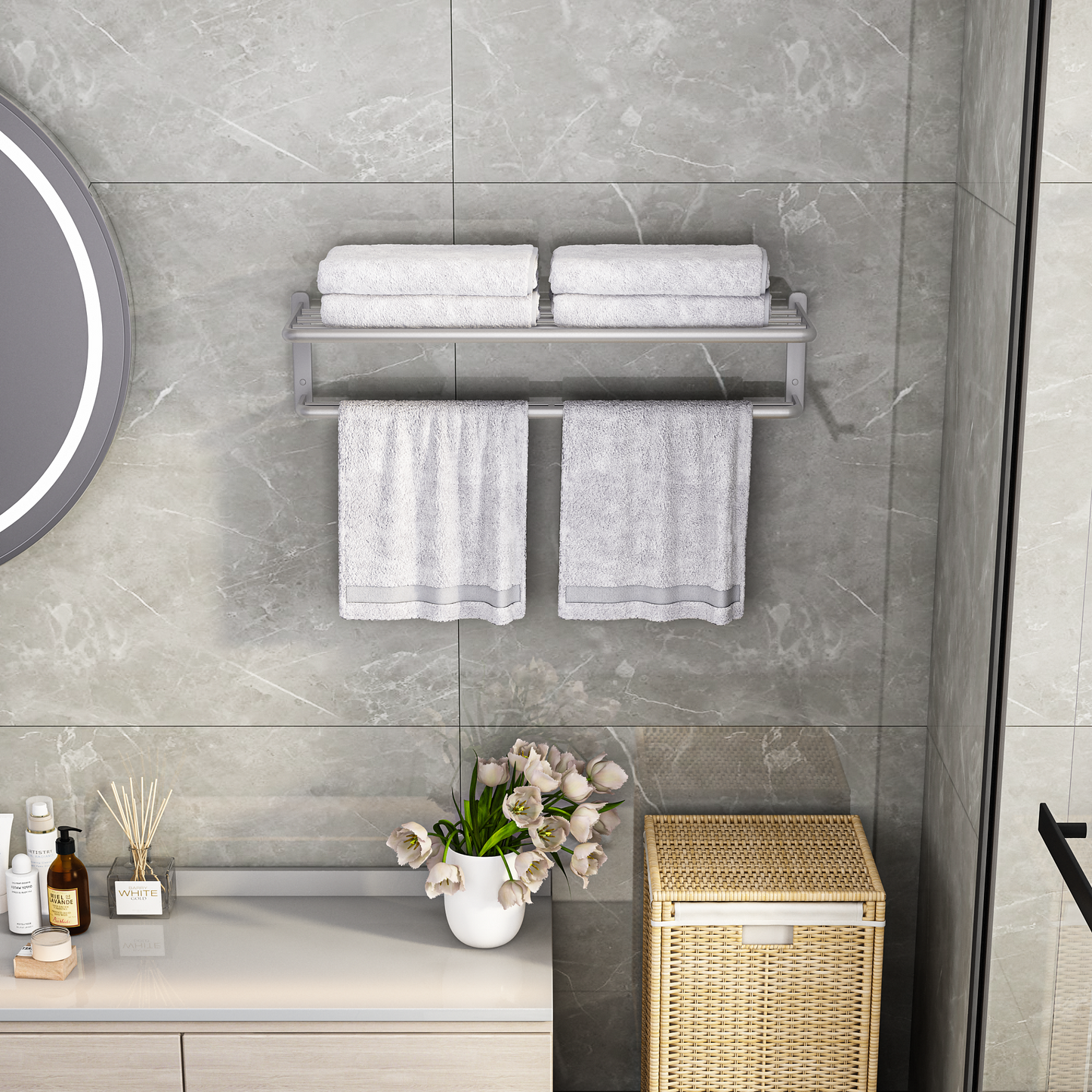ALAULM Aluminum Alloy Bathroom Towel Shelf with Double Bars, 21" Double Towel Shelf for Bathroom, Wall Mounted Towel Holder, Towel Rod Towel Rail Hanger for Wall, Kitchen