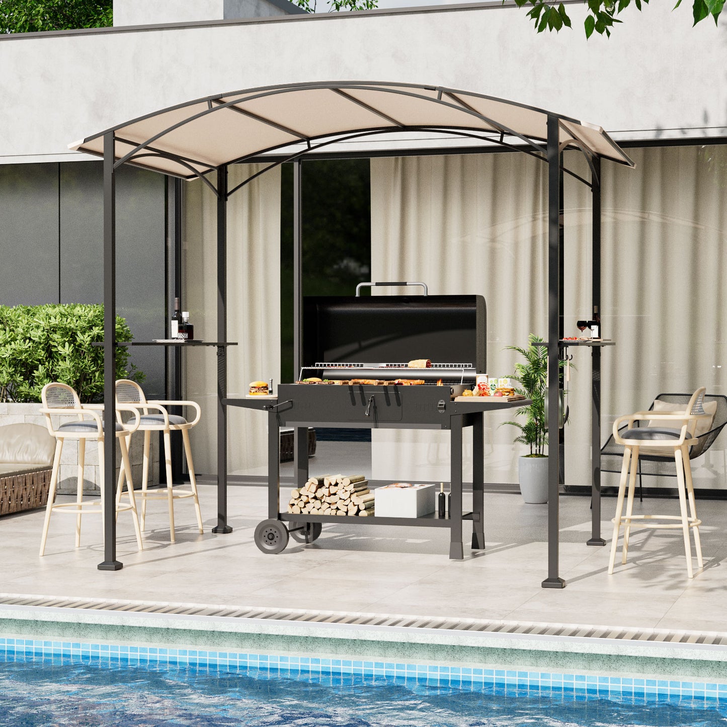 ALAULM 8'x 5' Outdoor Grill Gazebo, Outdoor Soft Top BBQ Canopy with 2 Metal Side Shelves & 5 Tool Hooks for Barbecue Picnic Garden, Backyard, Poolside (Sand)