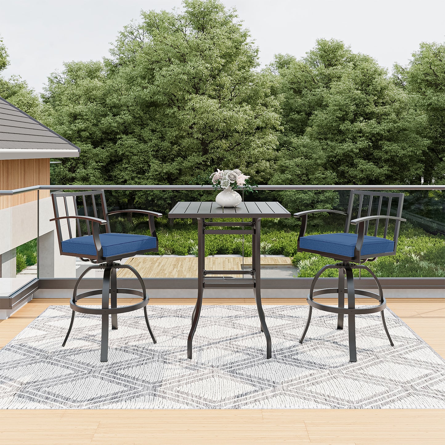 Gotland 3 Pieces Outdoor Swivel Bar Stools Set, All Weather Metal High Top Bistro Set Bar Height Table,High Top Bistro Stools with Sturdy Framewith 2 Chairs for Deck Lawn Garden,Sand